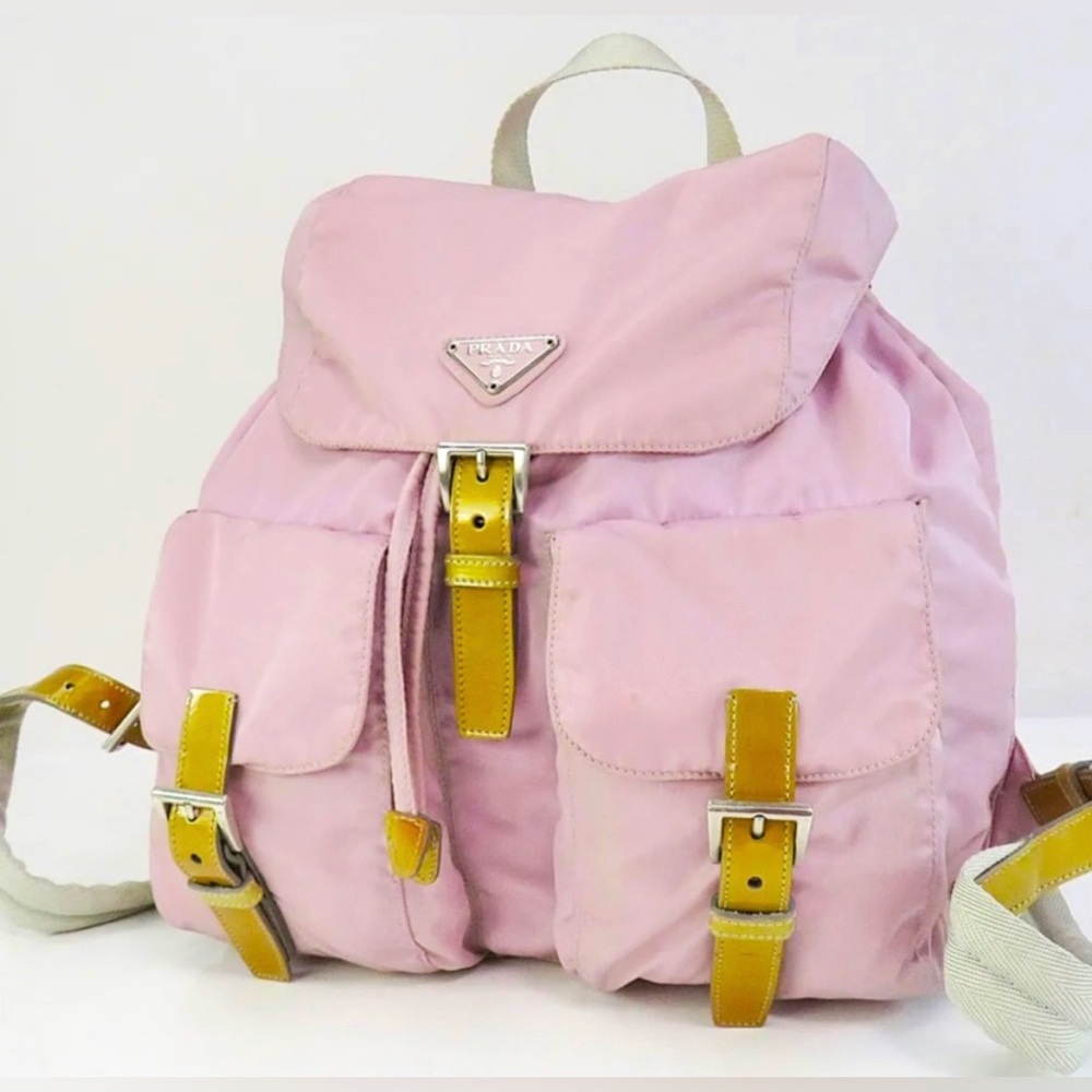 🦄 Authentic PRADA Pink Nylon and Gold Leather Backpack Bag Purse - Picture 1 of 12